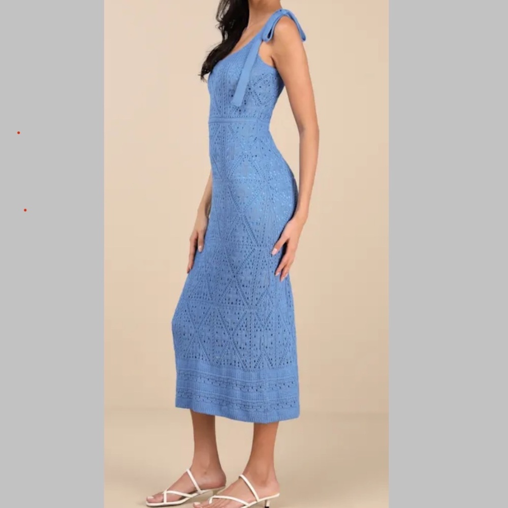 Lulu's Sky-Blue Crochet Tie-Shoulder Midi Dress - Picture 2 of 5